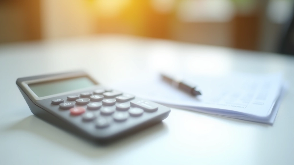 Calculatrice financière et documents d'épargne sur bureau blanc avec stylo